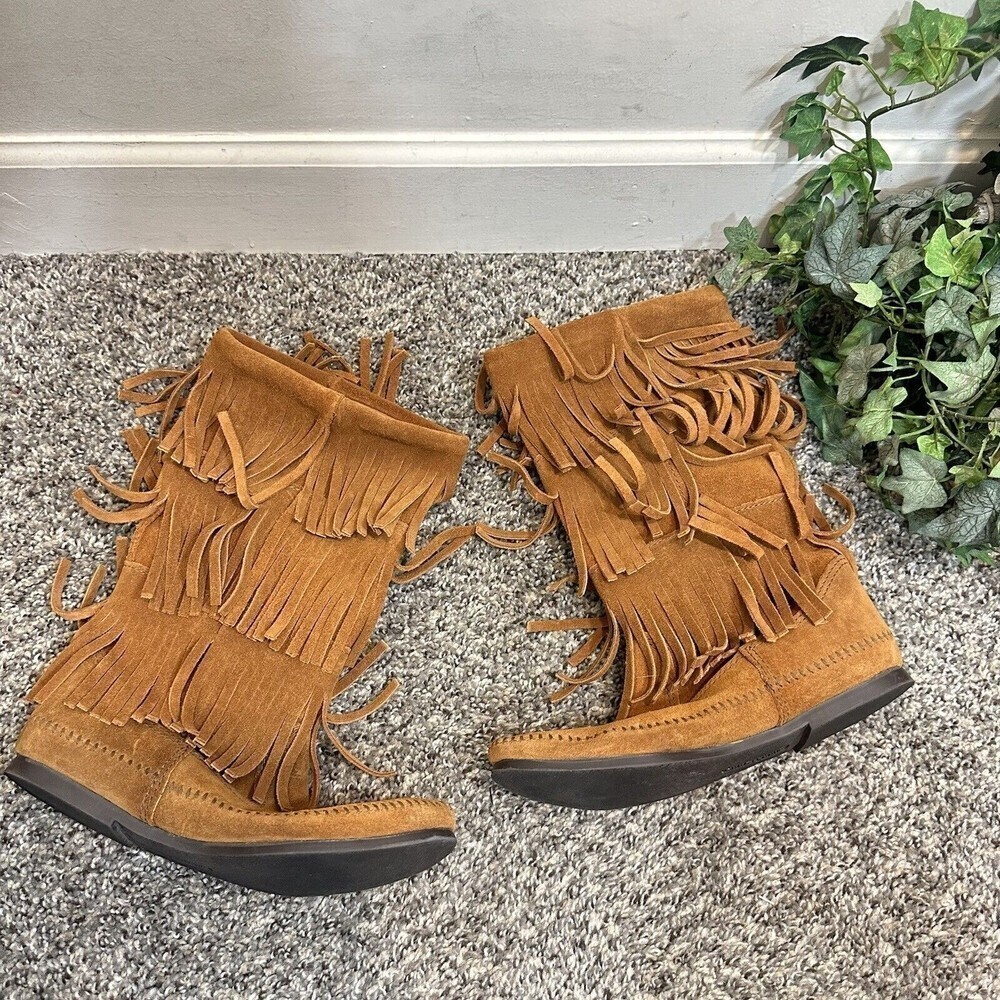 Minnetonka Boots Womens 8 Moccasin 3 Layer Fringe Tall Pull On Brown Suede